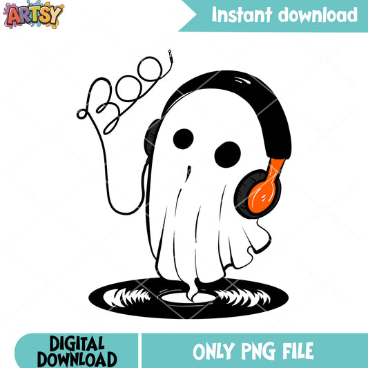 Baby cute ghost headphones png, boo png, scary halloween png