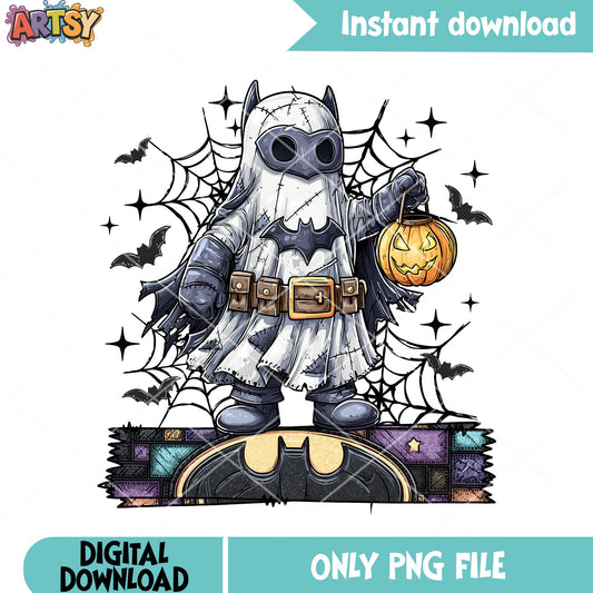 Baby ghost batman png, pumpkin halloween png, dc comic halloween png
