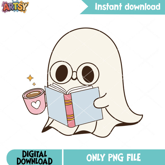 Baby ghost coffee and read book png, ghost costume png, crazy halloween png 