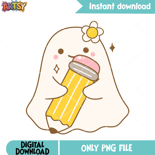 Baby ghost flower in head png, chibi ghost png, scary halloween night png 
