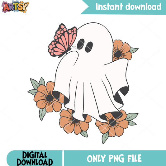 Baby ghost love flower png, red butterfly png, halloween scary png