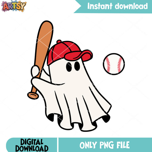 Baby ghost play base ball png, red hat png, halloween night png 