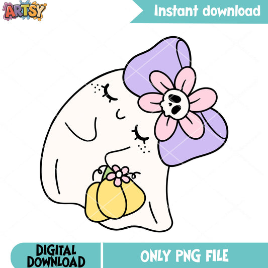Baby ghost purple bow tie png, yellow bag png, halloween night png 