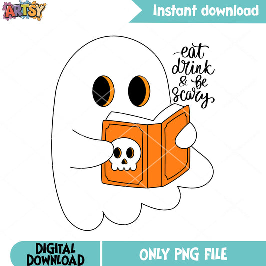 Baby ghost read book png, ghost costume png, scary halloween png