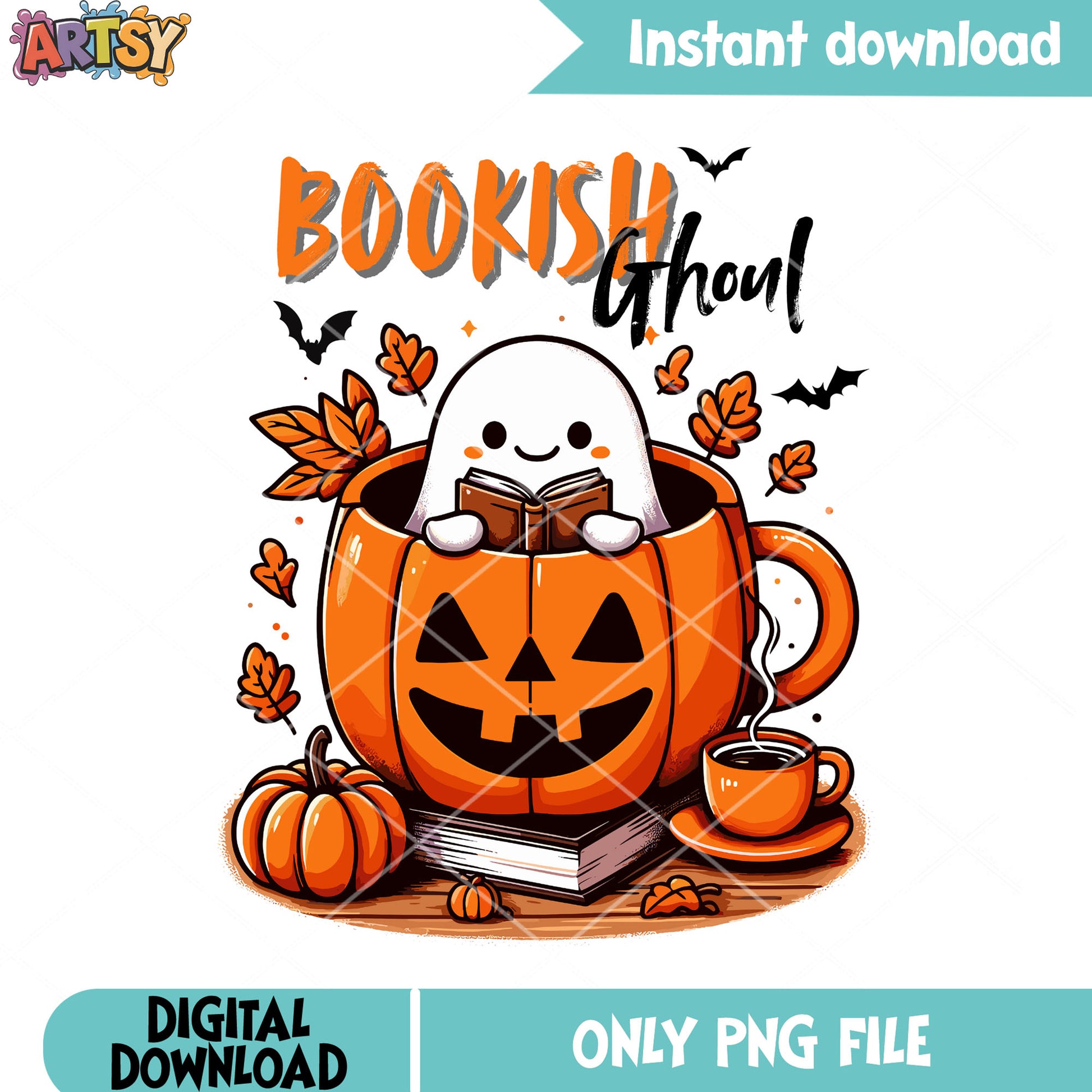 Baby ghost read book png, mapple leaf png, halloween scary png