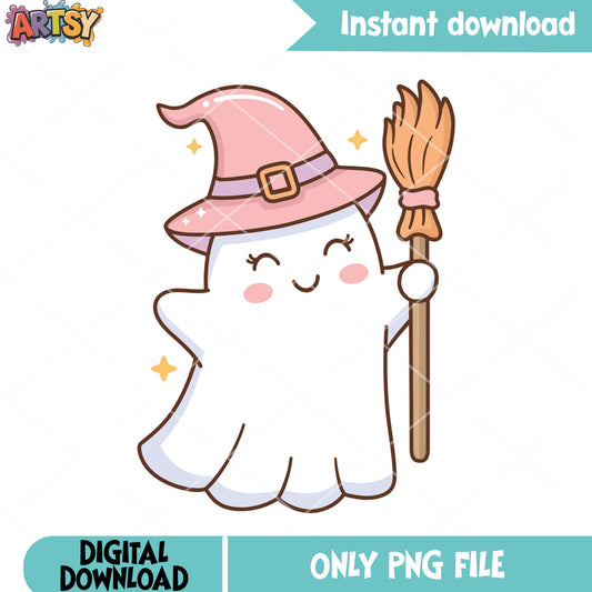 Baby ghost witch hat broom png, ghost costume png, scary halloween night png 