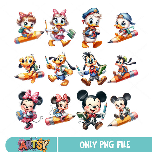Baby mickey friends school png bundle, mickey mouse drawing​ png, old school png