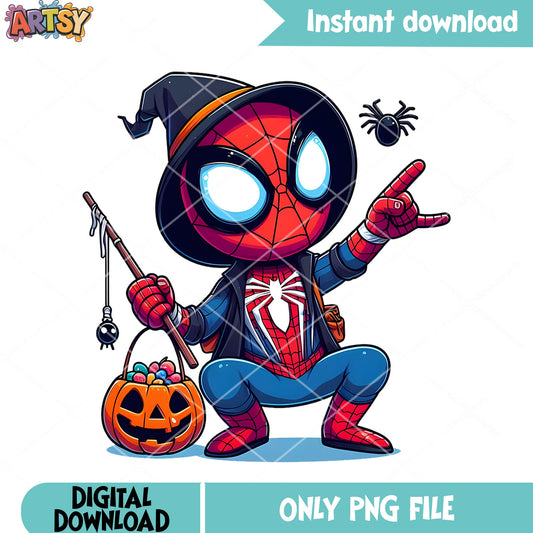 Baby peter parker Halloween png, witch hat png, Marvel Halloween png