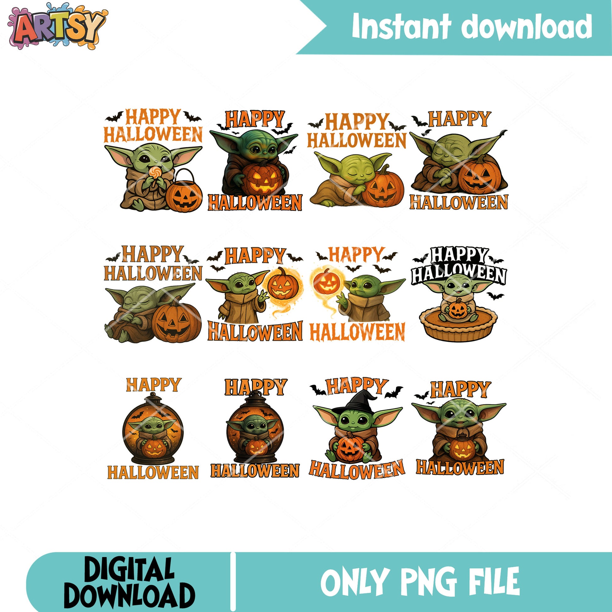 Baby yoda happy halloween png bundle, star wars png, baby yoda png