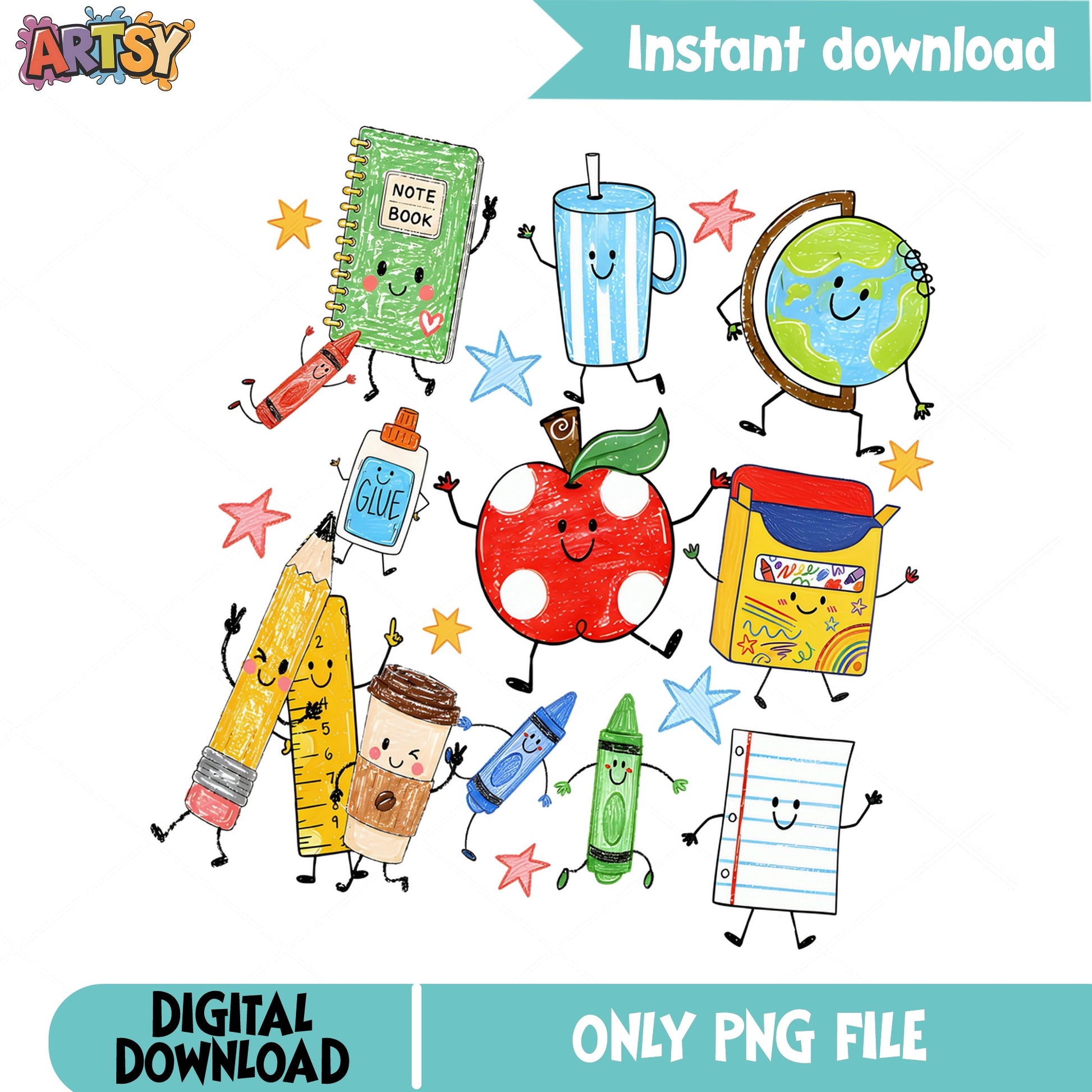 Back To School Cute Characters PNG, School Supplies PNG, Teacher PNG