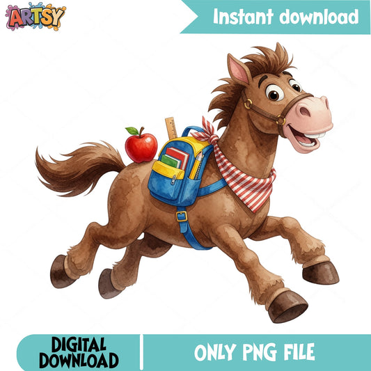 Back To School Horse PNG, Cute Horse With Backpack PNG, School PNG