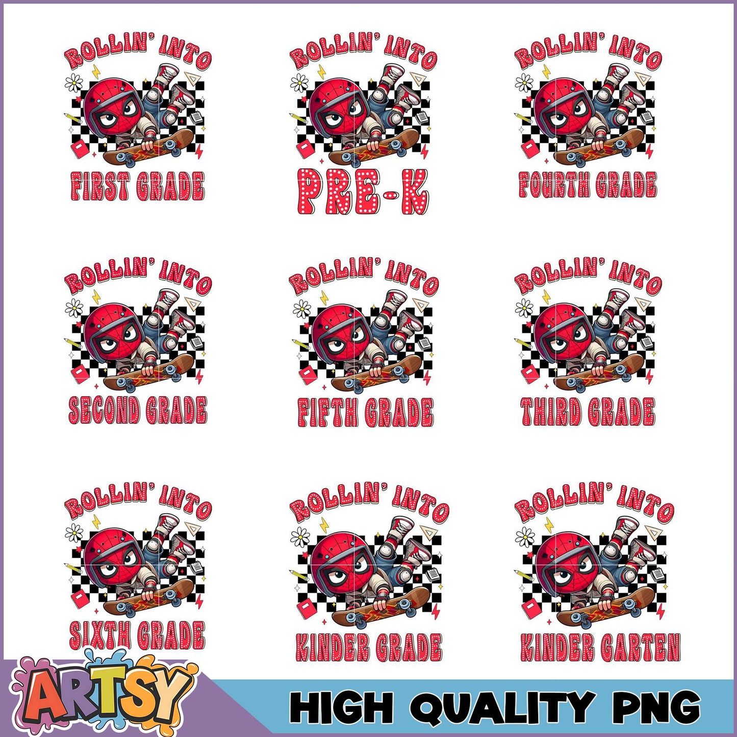 Back to School PNG Bundle  Spiderman Skateboard Designs