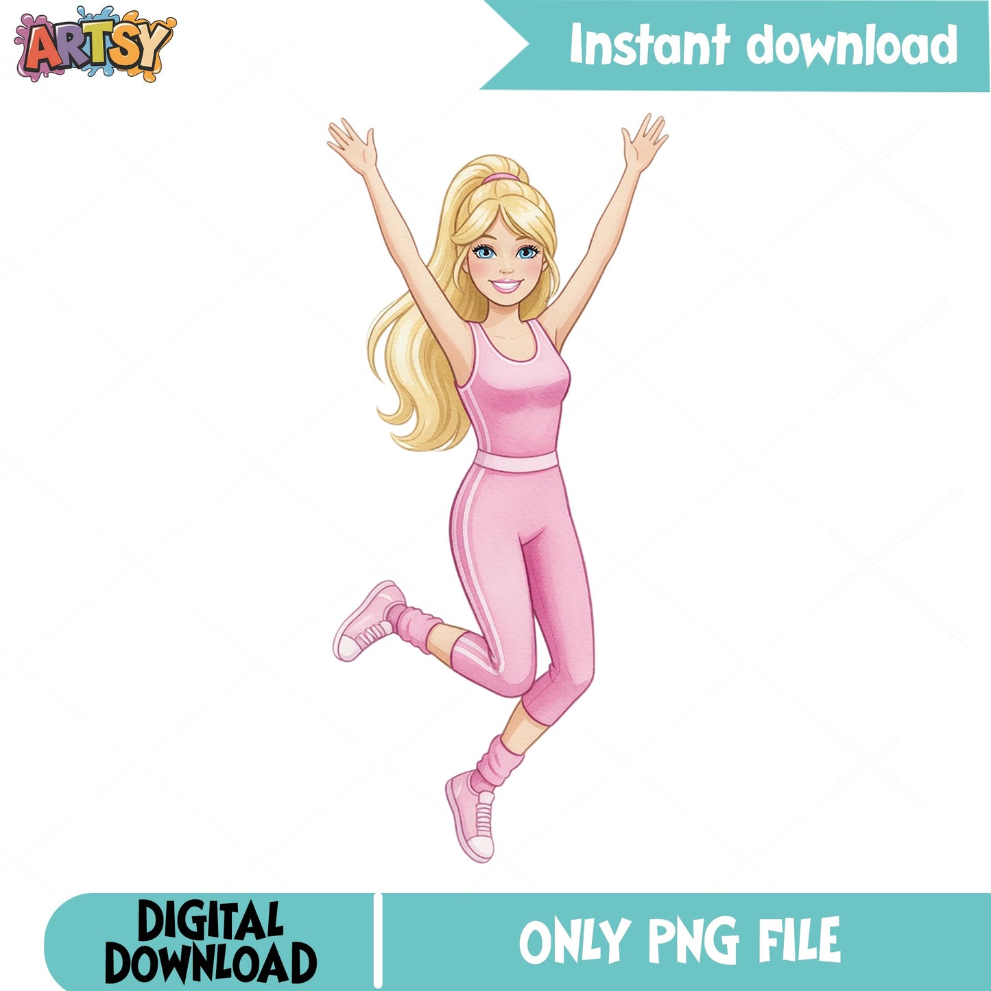 Barbie Jumping Pink Outfit Clipart, Barbie Doll PNG, Girl PNG