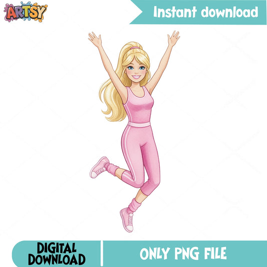 Barbie Jumping Pink Outfit Clipart, Barbie Doll PNG, Girl PNG