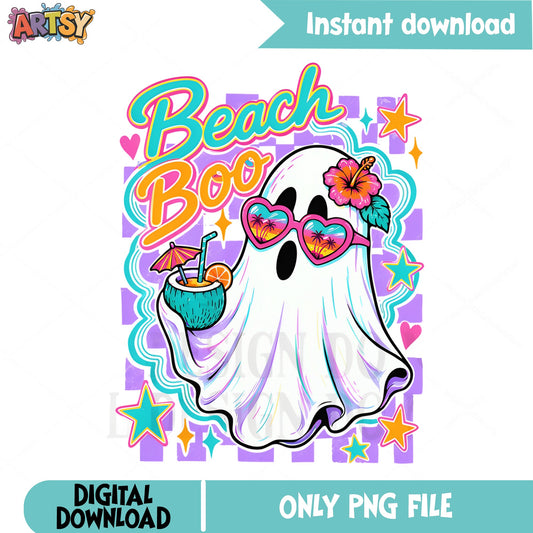 Beach Boo Ghost PNG, Retro Halloween Summer PNG, Cute Ghost PNG