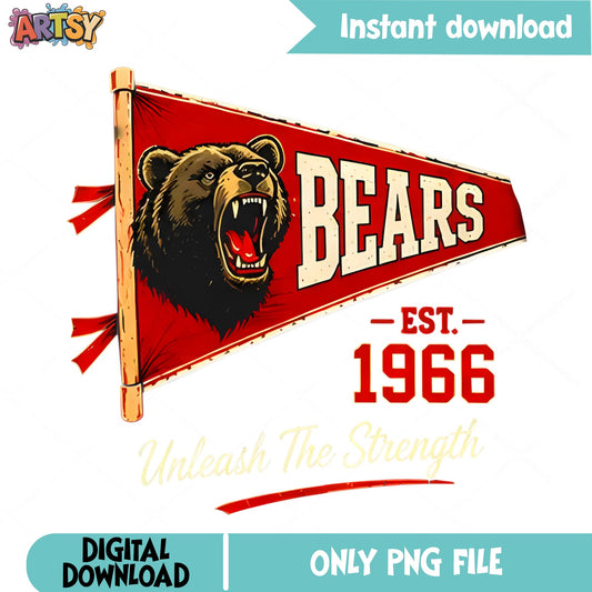 Bears Pennant Flag PNG, Vintage Sports Team Bear Mascot PNG, Retro PNG