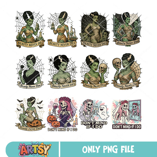 Beauty never die halloween png bundle, halloween bride png