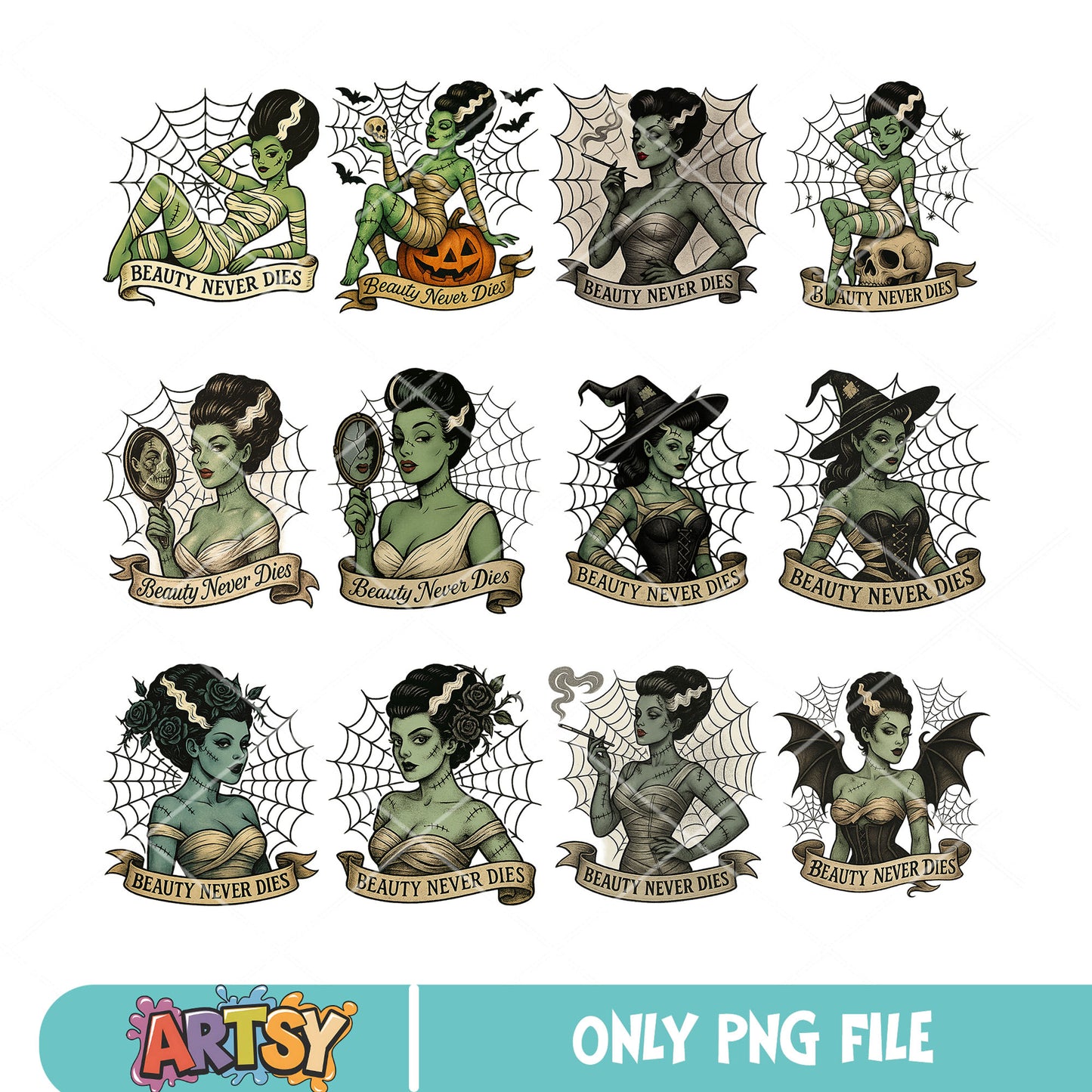 Beauty never dies png bundle, halloween bride png, horror halloween png