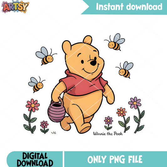 Bee and flower love pooh png, pooh bear png, vintage pooh png