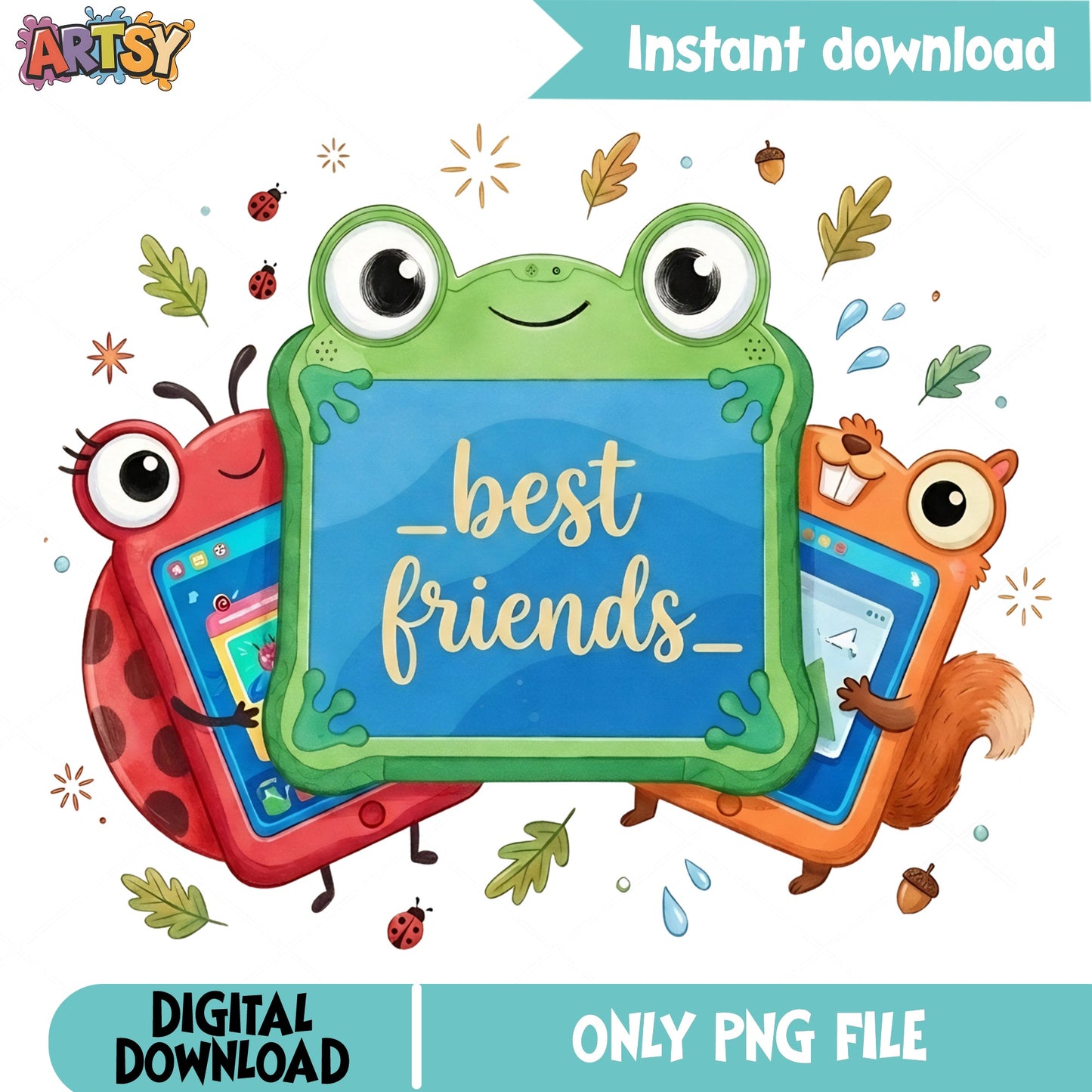 Best Friends Frog Ladybug Squirrel PNG, Cute Animals PNG, Kids Clipart PNG
