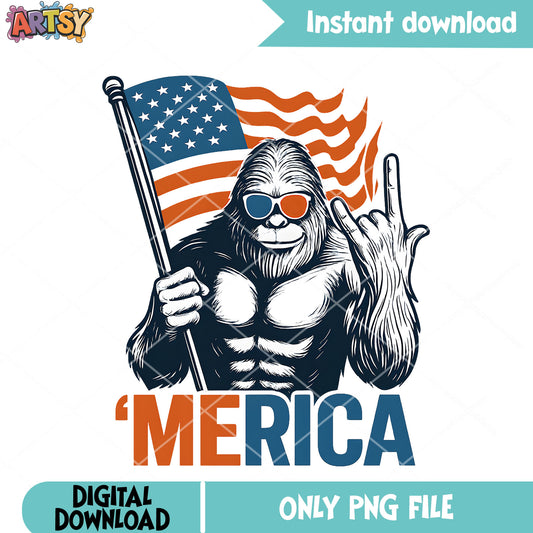 Bigfoot love america png, Merica Bigfoot png, patriotic usa flag png