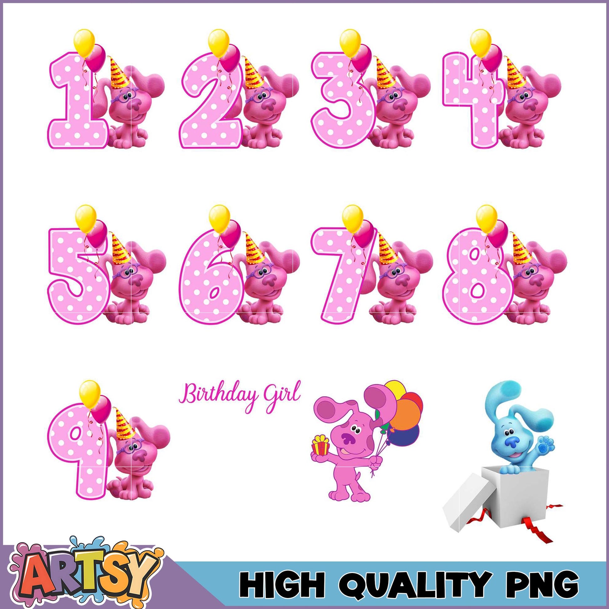 Birthday Girl PNG Bundle Pink Puppy Numbers 1-9
