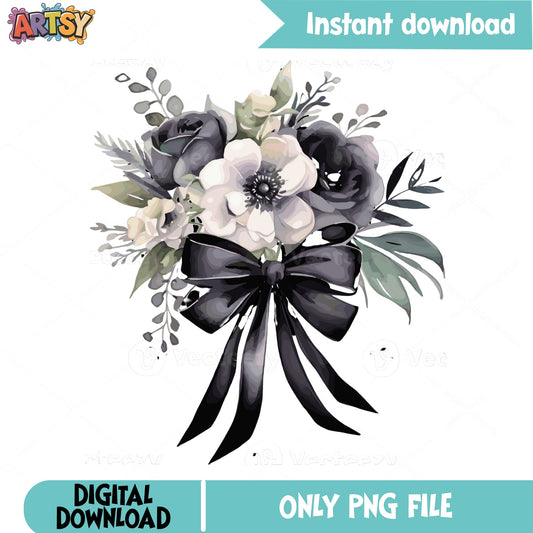 Black Floral Bouquet With Bow PNG, Watercolor Flowers PNG, Gothic PNG