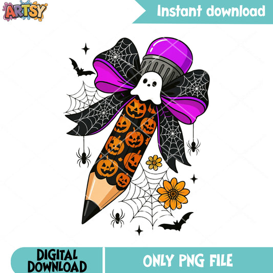 Black bow tie pencil png, spooky halloween png, spider web png