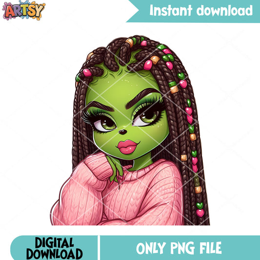 Black hair style green woman png, christmas sweater png, the grinch png