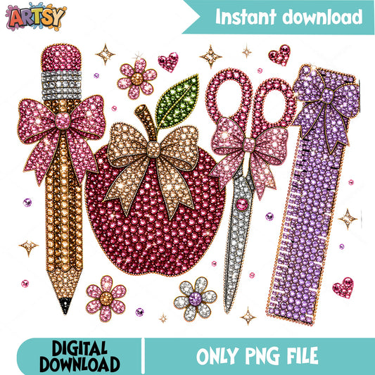 Bling Teacher Back To School PNG, Apple Pencil Scissors PNG, Teacher Life PNG