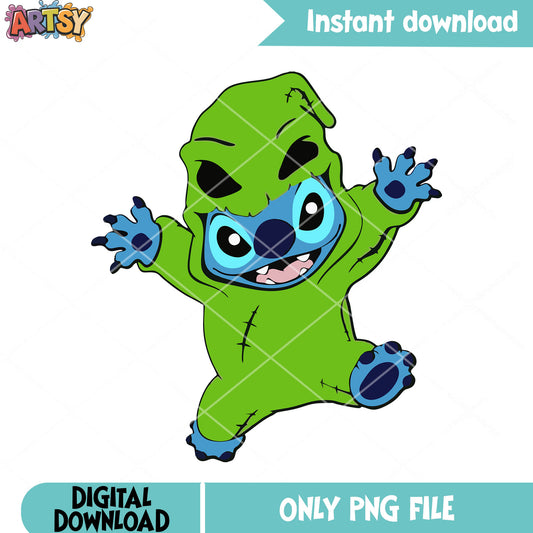 Blue alien in green monster png, cute halloween costume png