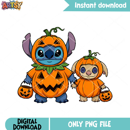 Blue monster and his doll png, wicker pumpkin png, disney halloween png