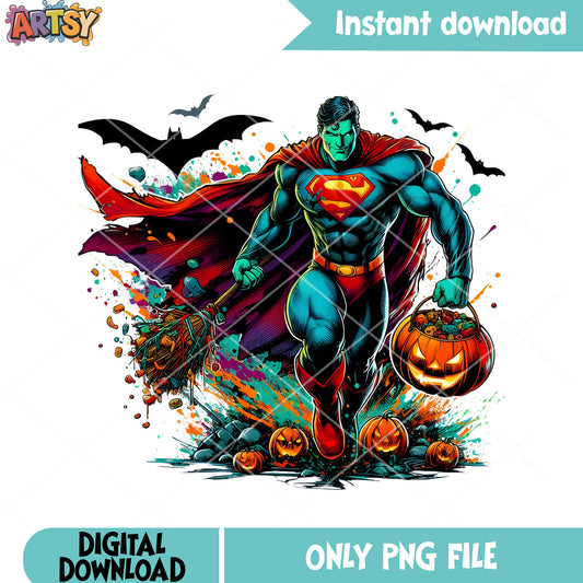Blue spooky Superman png, scary pumpkin png, DC Comic Halloween pngg