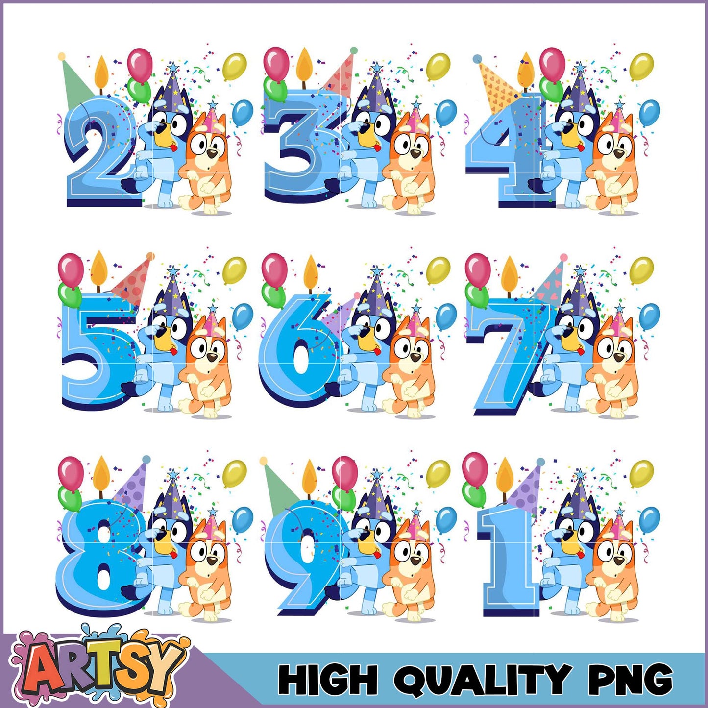 Bluey Bingo Birthday PNG Bundle Numbers 1-10