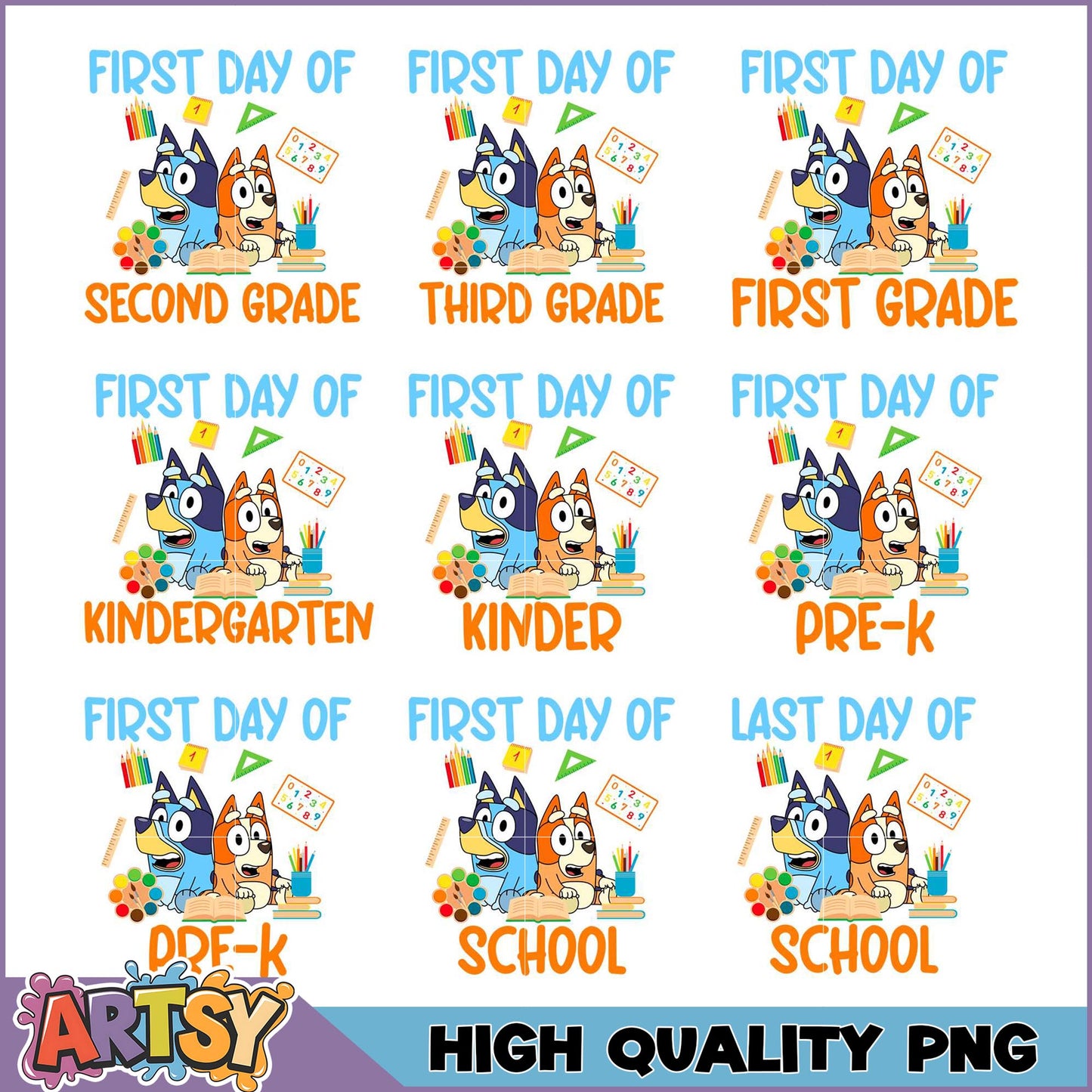 Bluey Bingo First Day School PNG Bundle