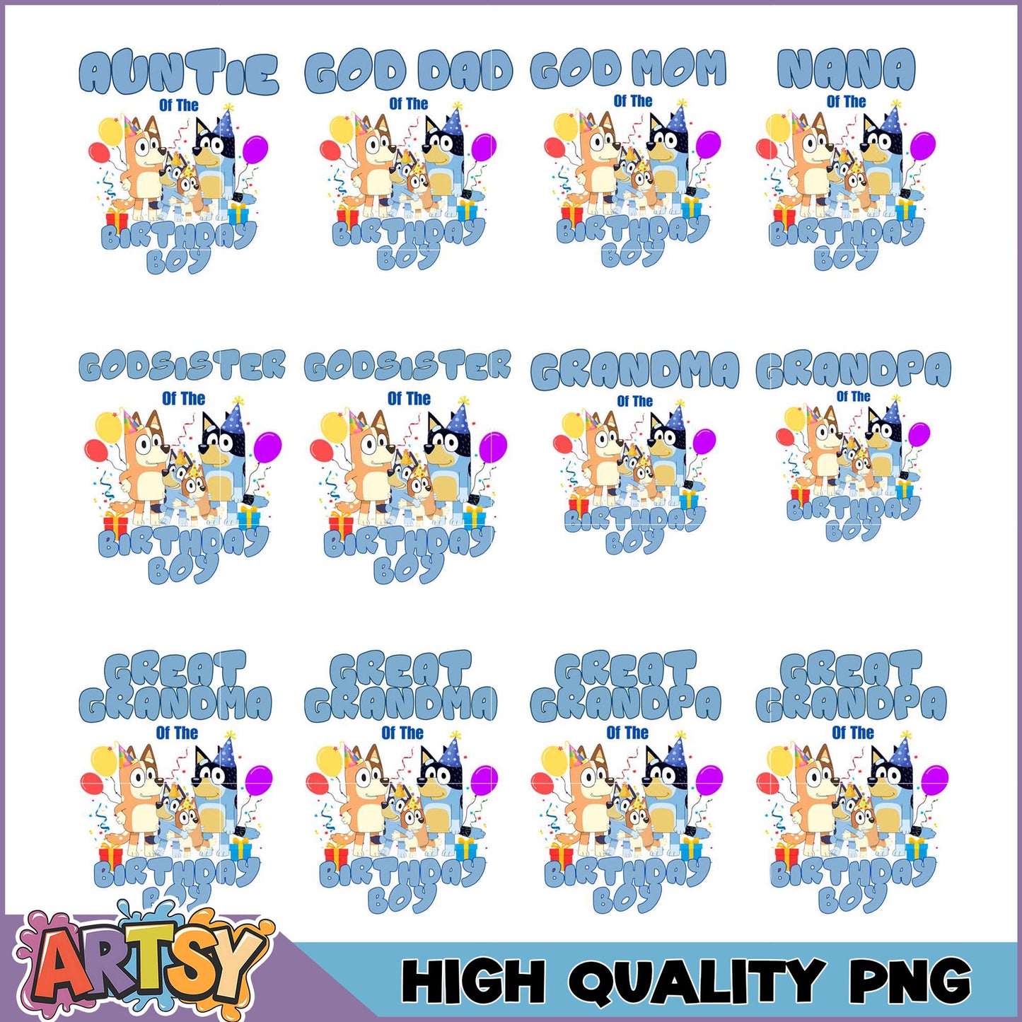 Bluey Birthday Boy PNG Bundle Auntie, Godparent, Grandparent Designs