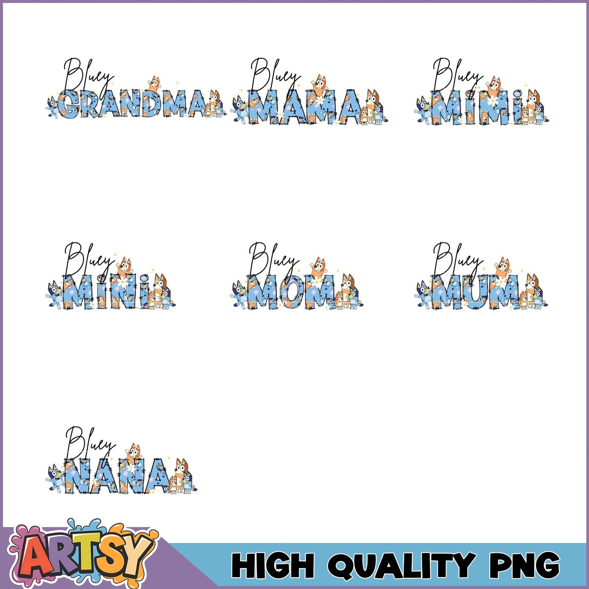 Bluey Dog Mom Grandma Nana PNG Bundle