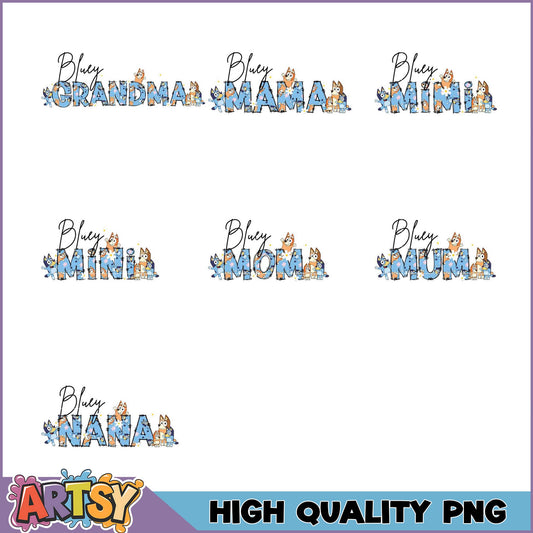 Bluey Dog Mom Grandma Nana PNG Bundle