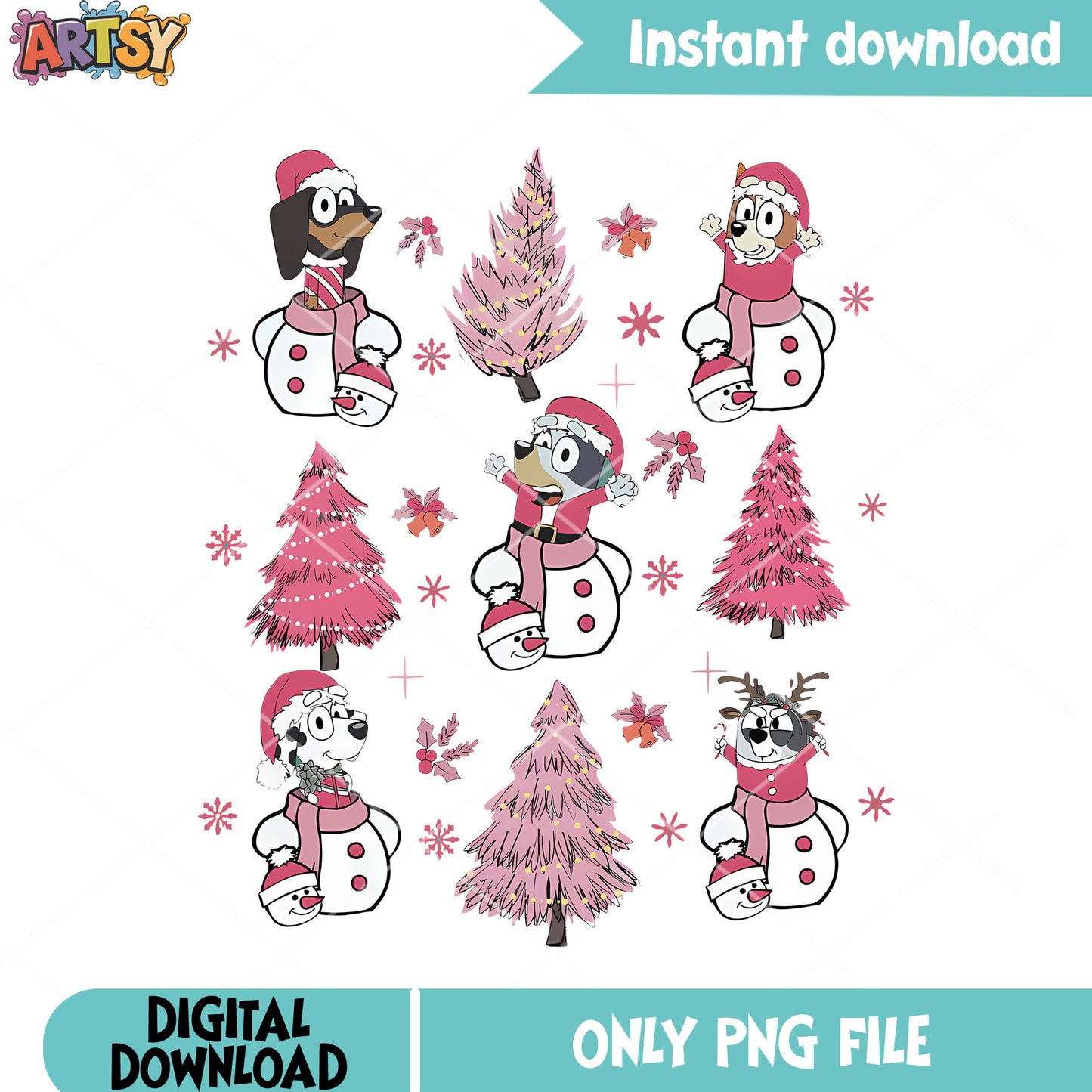 Bluey Family Pink Christmas Tree PNG Sublimation Design_1411231013