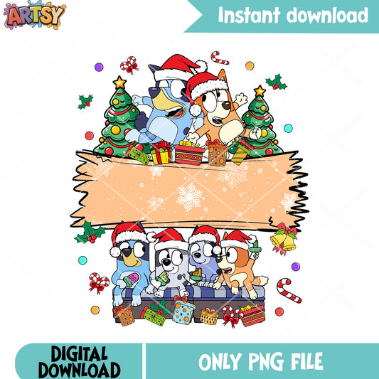 Bluey and bingo christmas art png, christmas gifts png, bandit heeler png
