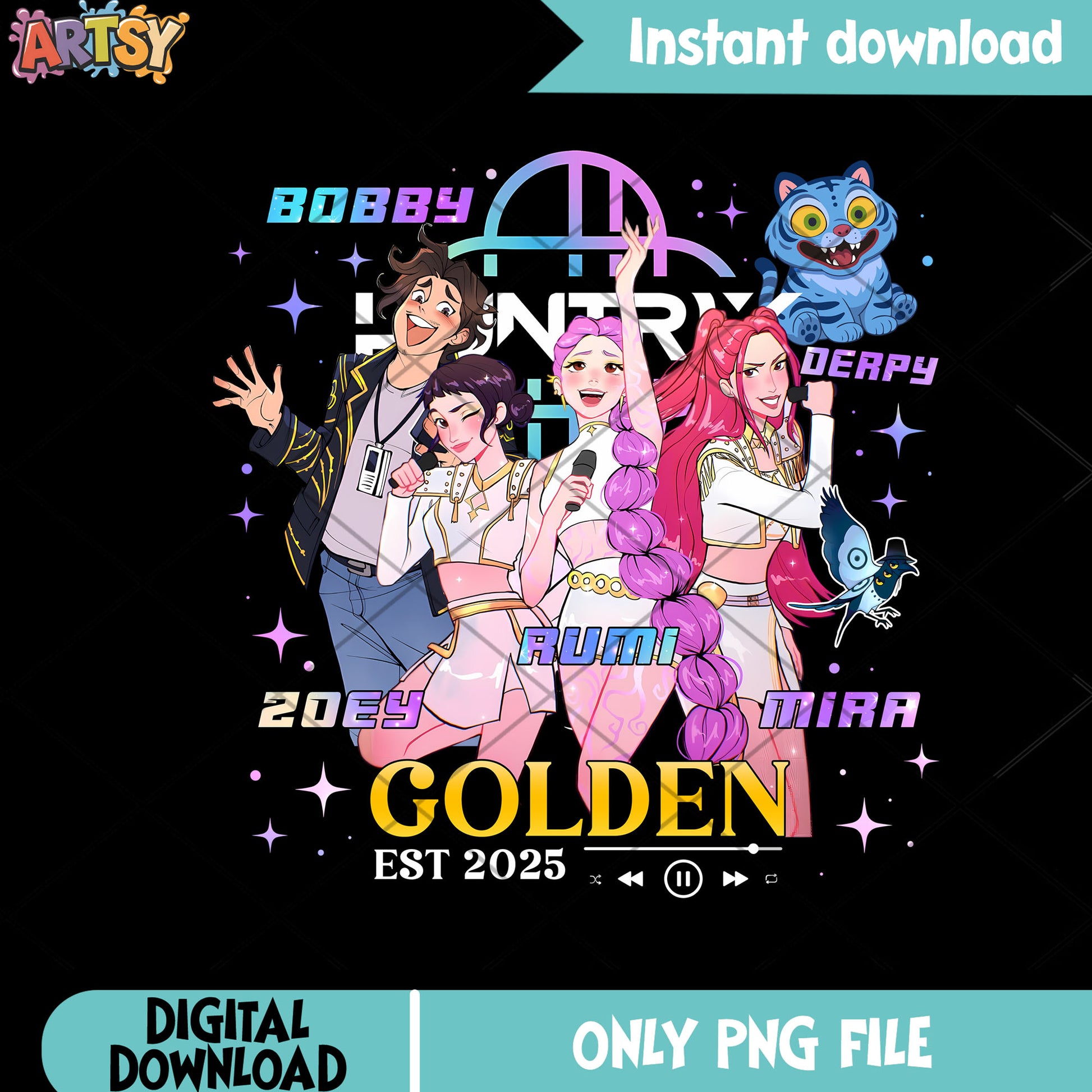 Bobby derpy rumi mira zoey png, kpop demon hunter​​ png, huntrix png