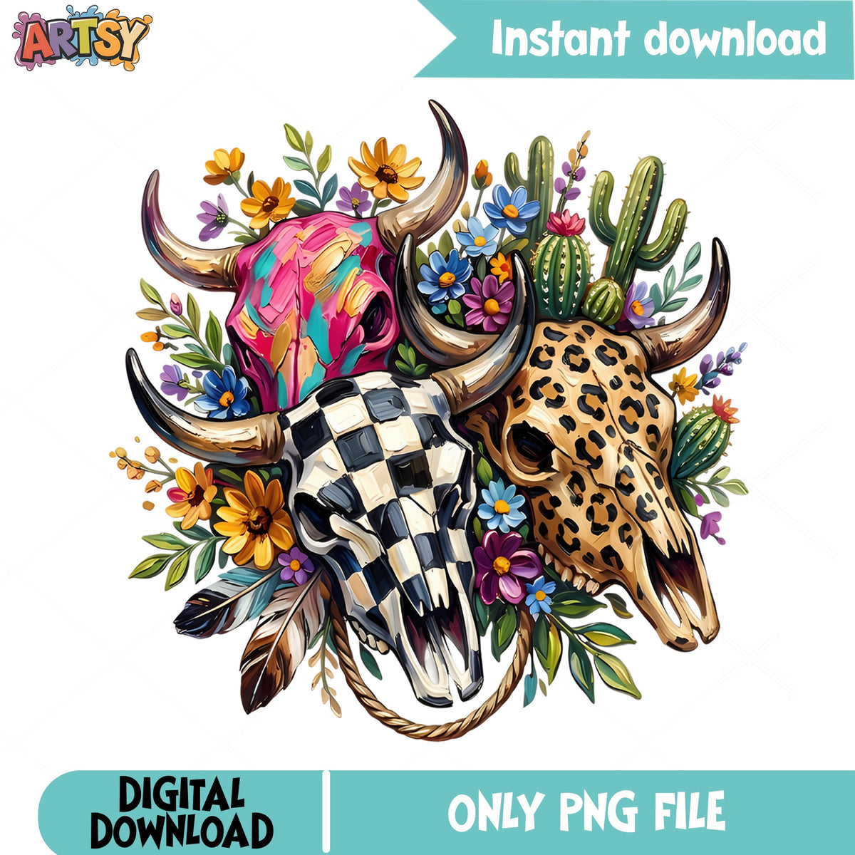 Boho Bull Skull Floral PNG, Western Cow Skull PNG, Cactus PNG
