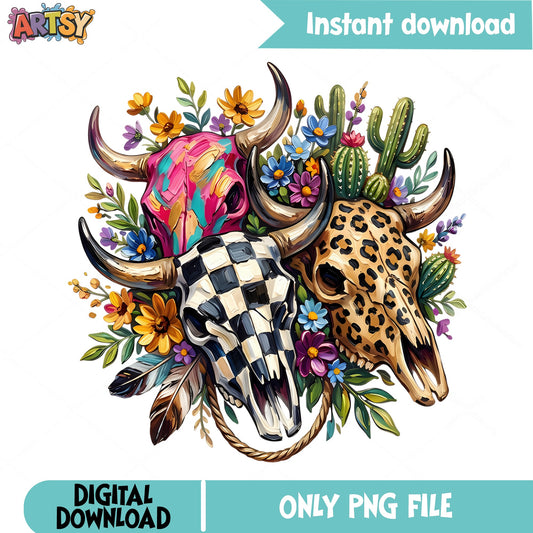 Boho Bull Skull Floral PNG, Western Cow Skull PNG, Cactus PNG