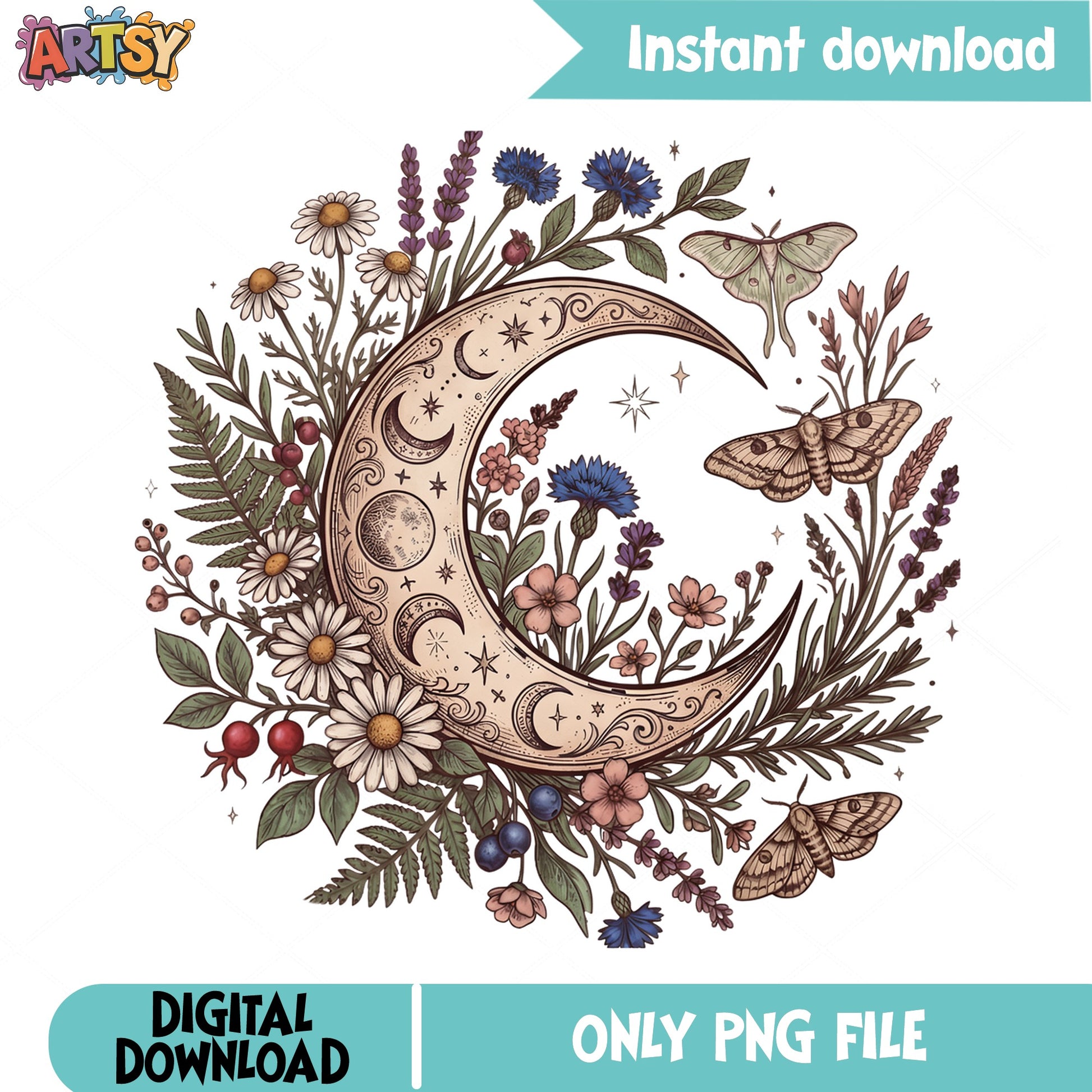 Boho Crescent Moon Wildflower Moth PNG, Celestial Floral PNG, Cottagecore PNG