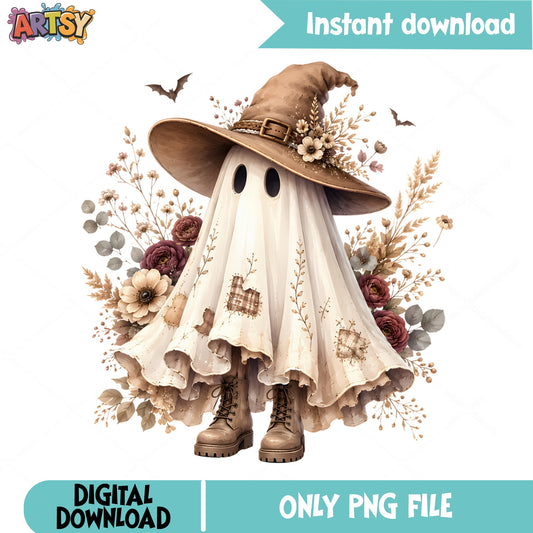 Boho Floral Ghost Witch Hat PNG, Halloween Ghost PNG, Cute Ghost PNG