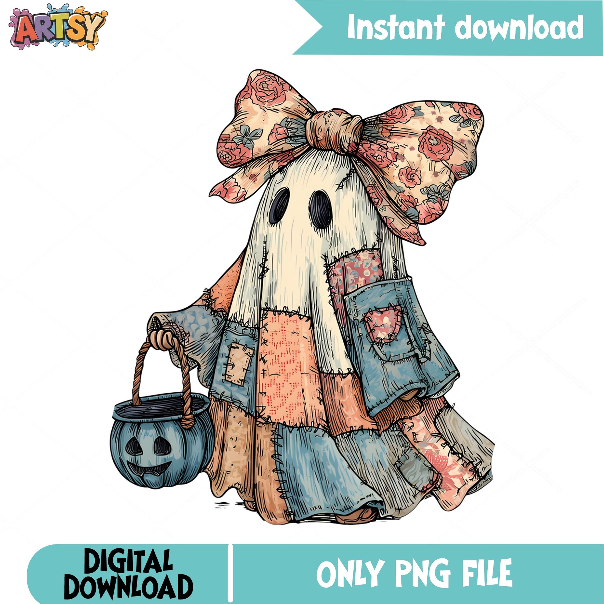 Boho Ghost Halloween PNG, Floral Bow Ghost PNG, Cute Ghost PNG
