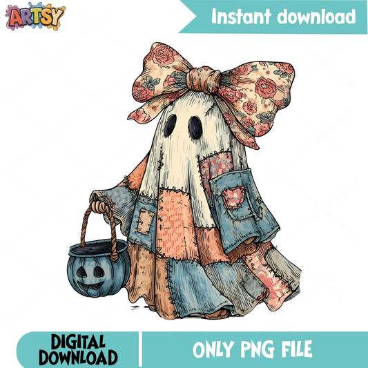 Boho Ghost Halloween PNG, Floral Bow Ghost PNG, Cute Ghost PNG