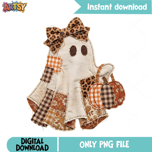 Boho Ghost With Pumpkin PNG, Halloween Fall PNG, Leopard Ghost PNG