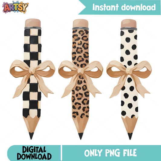 Boho Pencil With Bow PNG Bundle, Leopard Checkered Pencil PNG, Teacher PNG