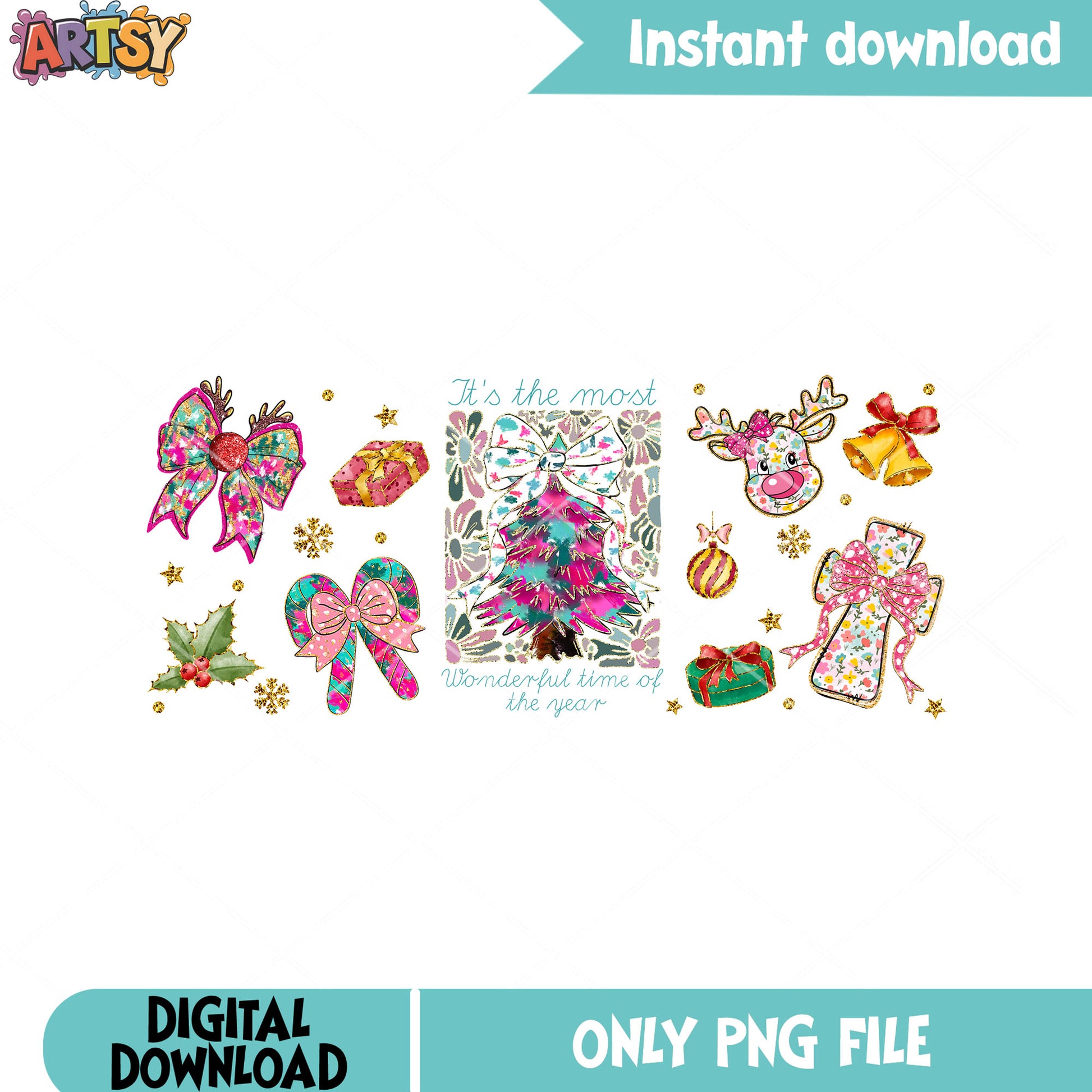 Boho floral christmas png, bows cross boho png, reindeer bow png
